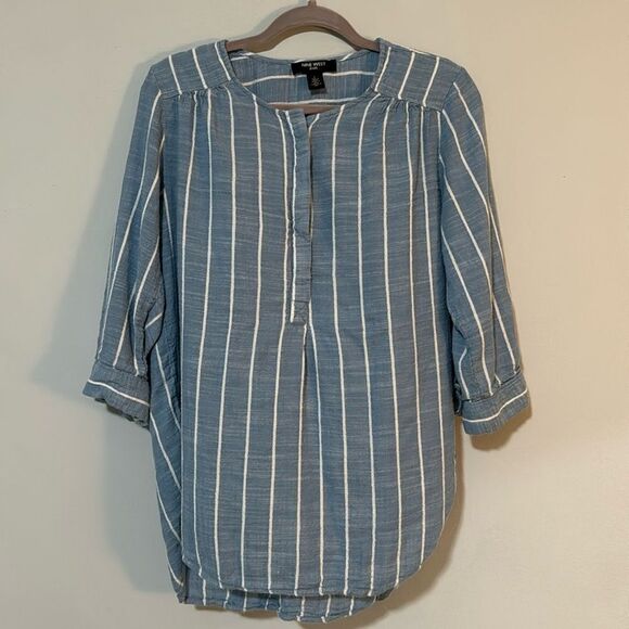 Nine West Cotton Blend Crochet Pinstripe Blouse L - Picture 1 of 7